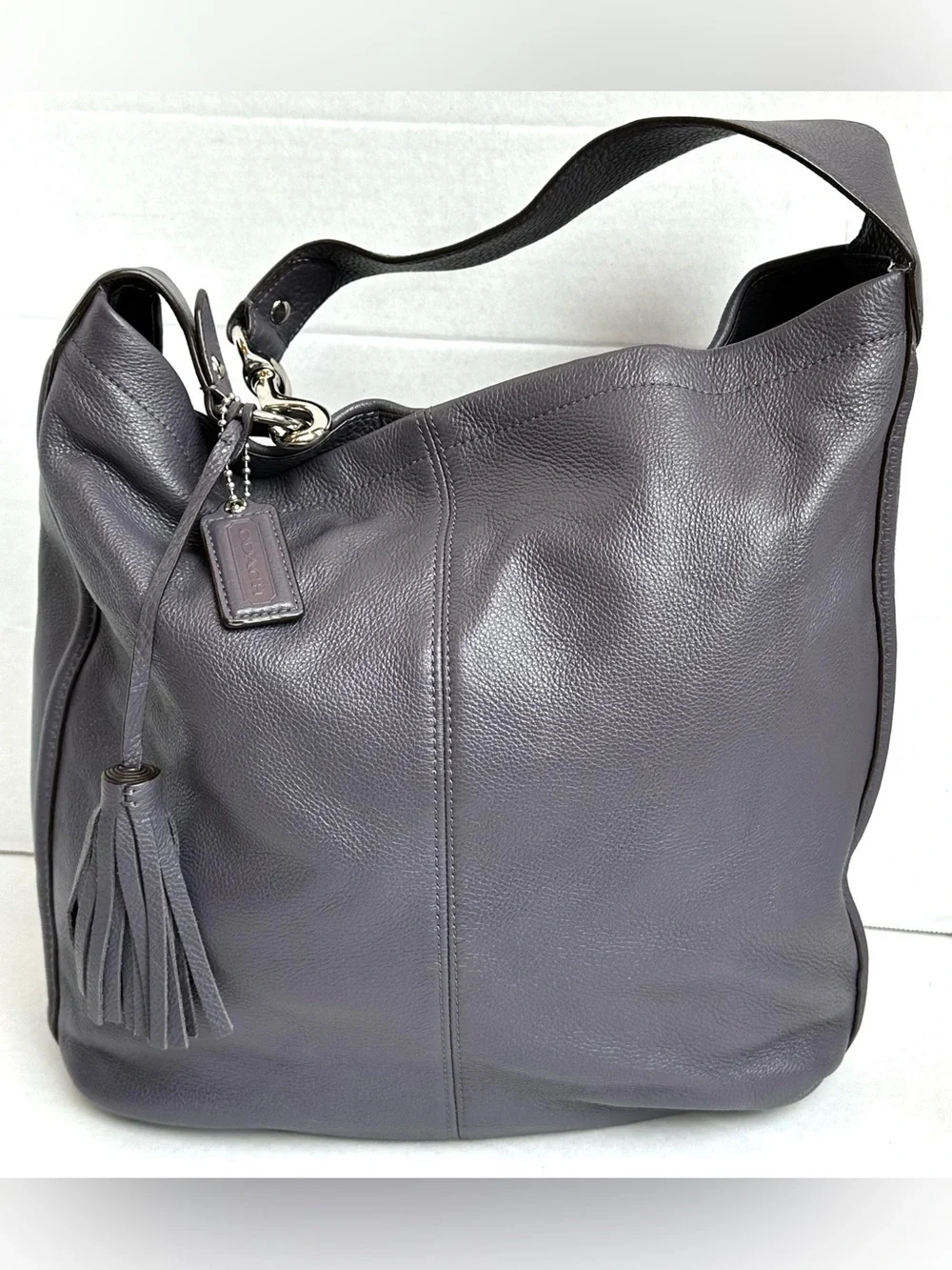 Coach Pebbled Soft Leather Deep Plum Purple Hobo Boho Tote Bag Purse Slouchy